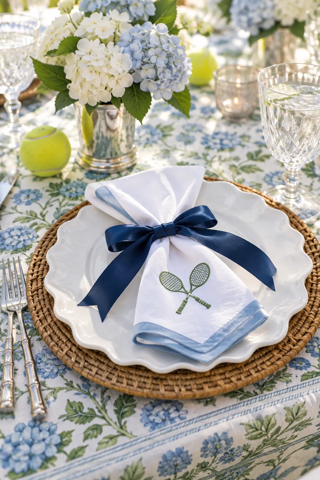 A white ceramic dinner plate with a scalloped edge sitting on a rattan charger.