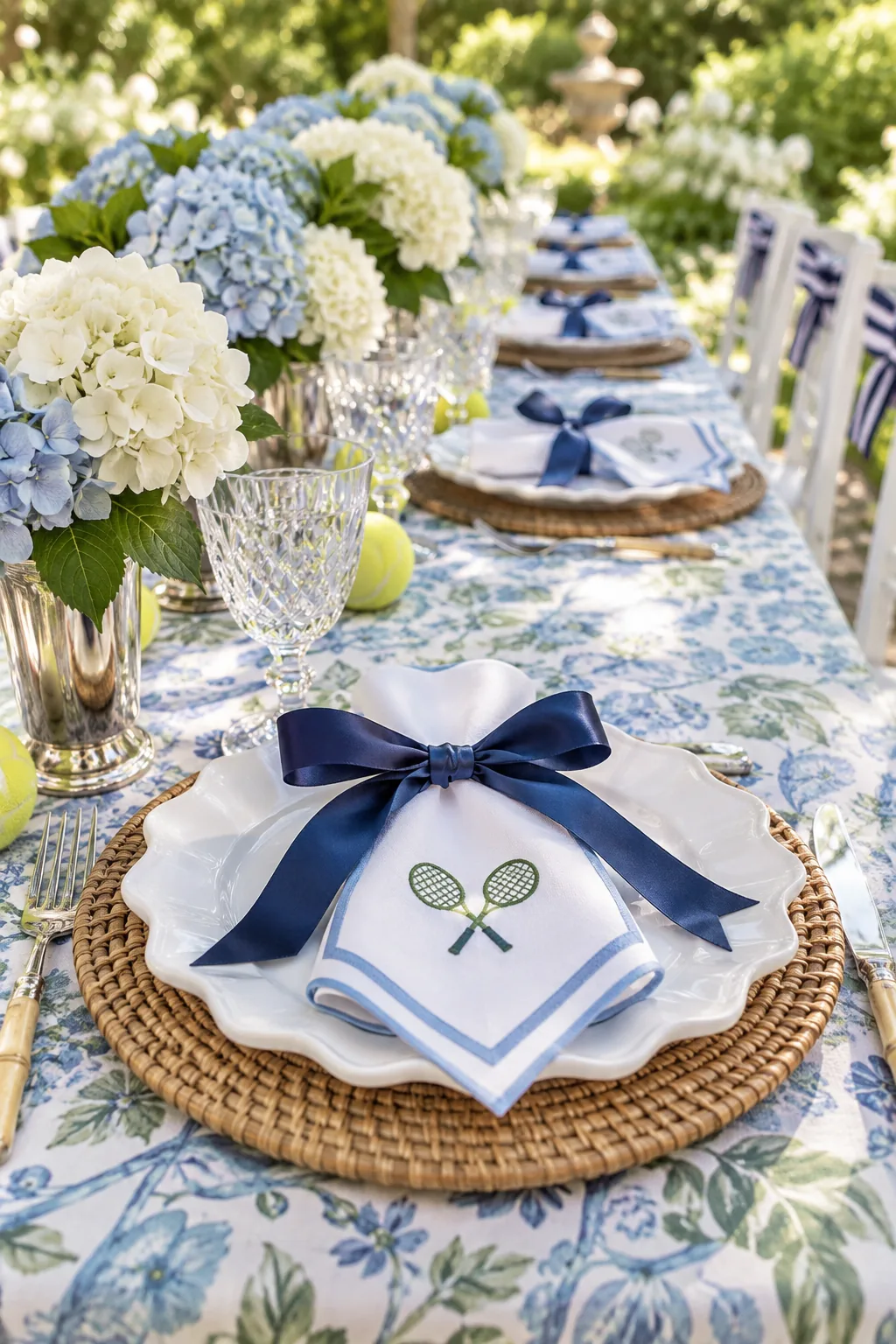A folded white napkin with blue trim and tennis racket embroidery, tied with a navy ribbon.