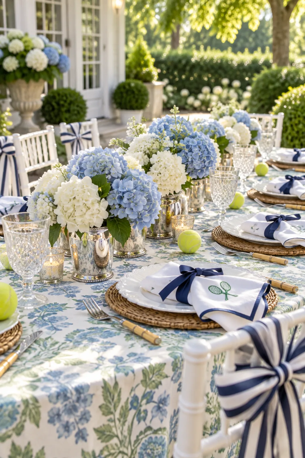 A row of silver mint julep cups filled with blue and white hydrangeas lining the center of a table.
