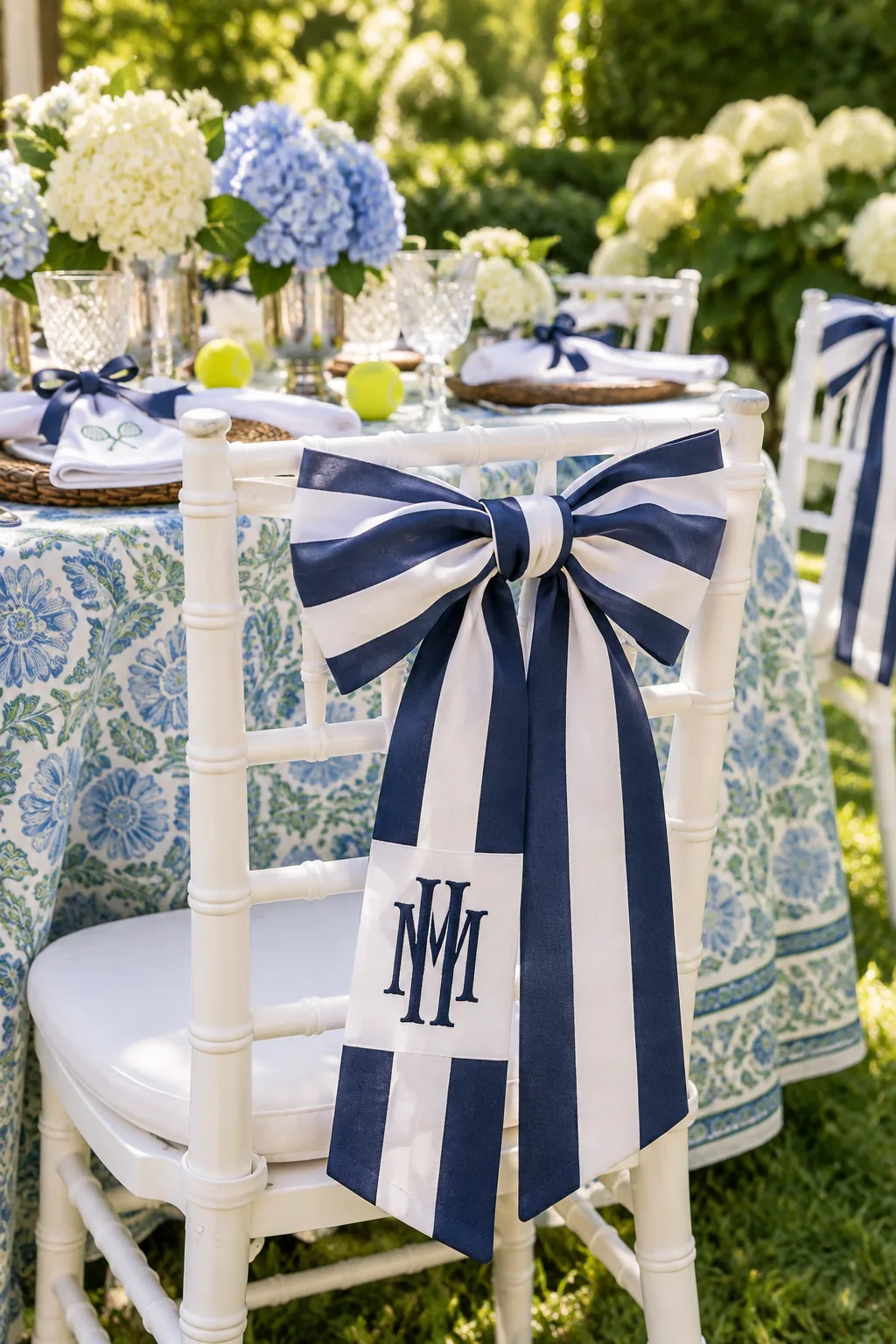 A navy and white striped fabric bow with a monogram tied around the back of a white chair.