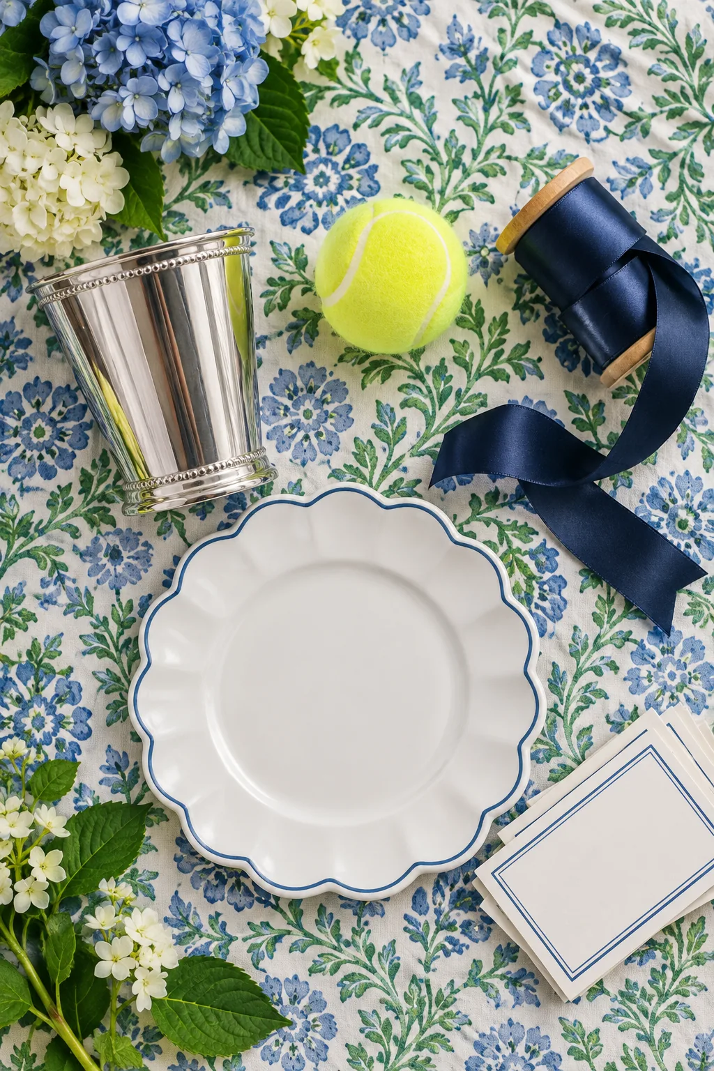 A flat lay of party supplies including a julep cup, tennis ball, ribbon, and scalloped plate on floral fabric.