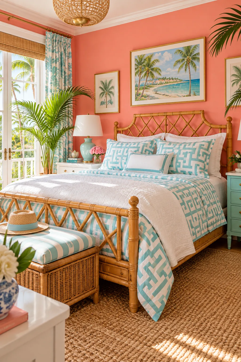 A Palm Beach style bedroom with a bamboo bed, coral walls, and aqua geometric bedding.