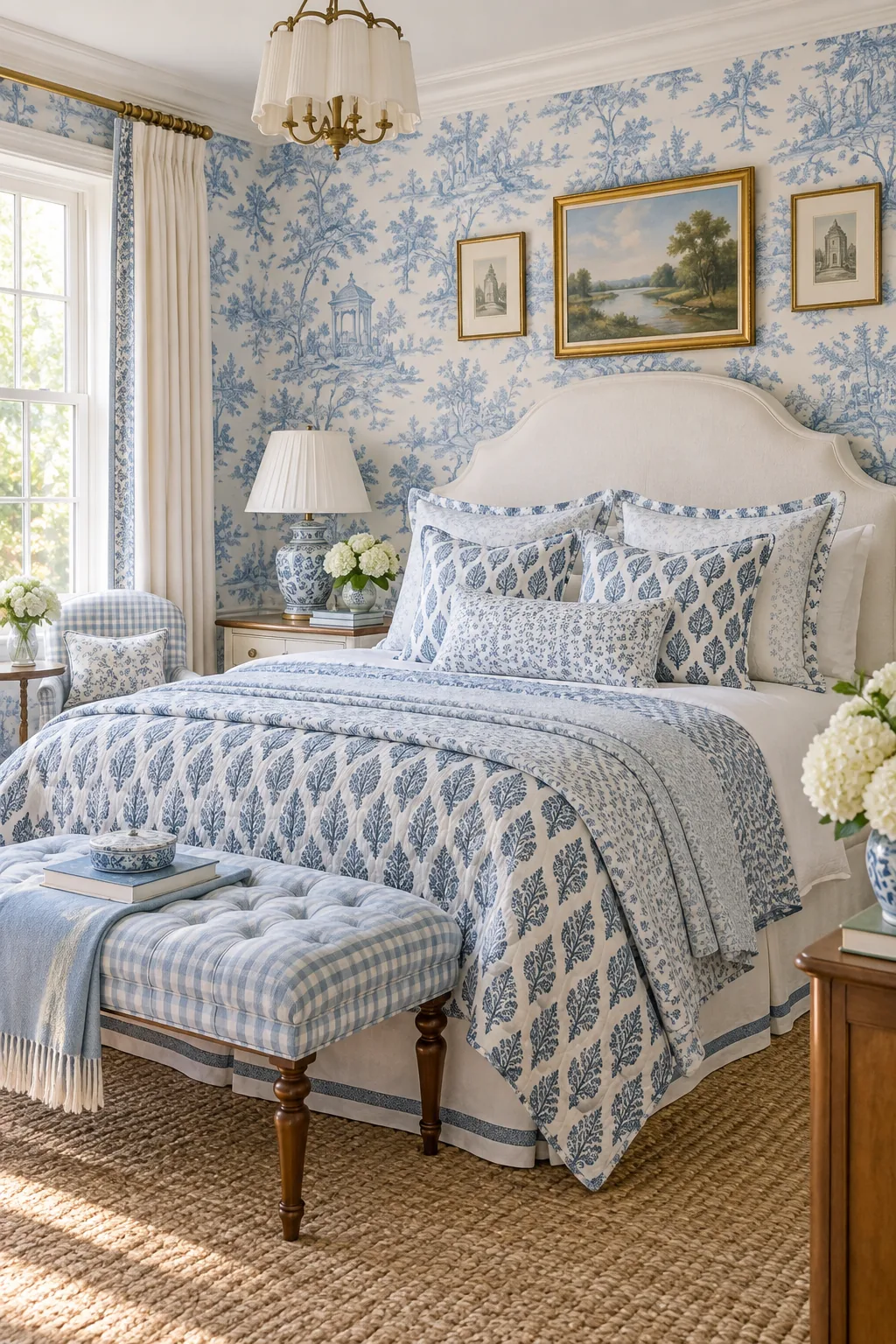 A Grandmillennial bedroom with powder blue toile wallpaper and layered block-print linens.