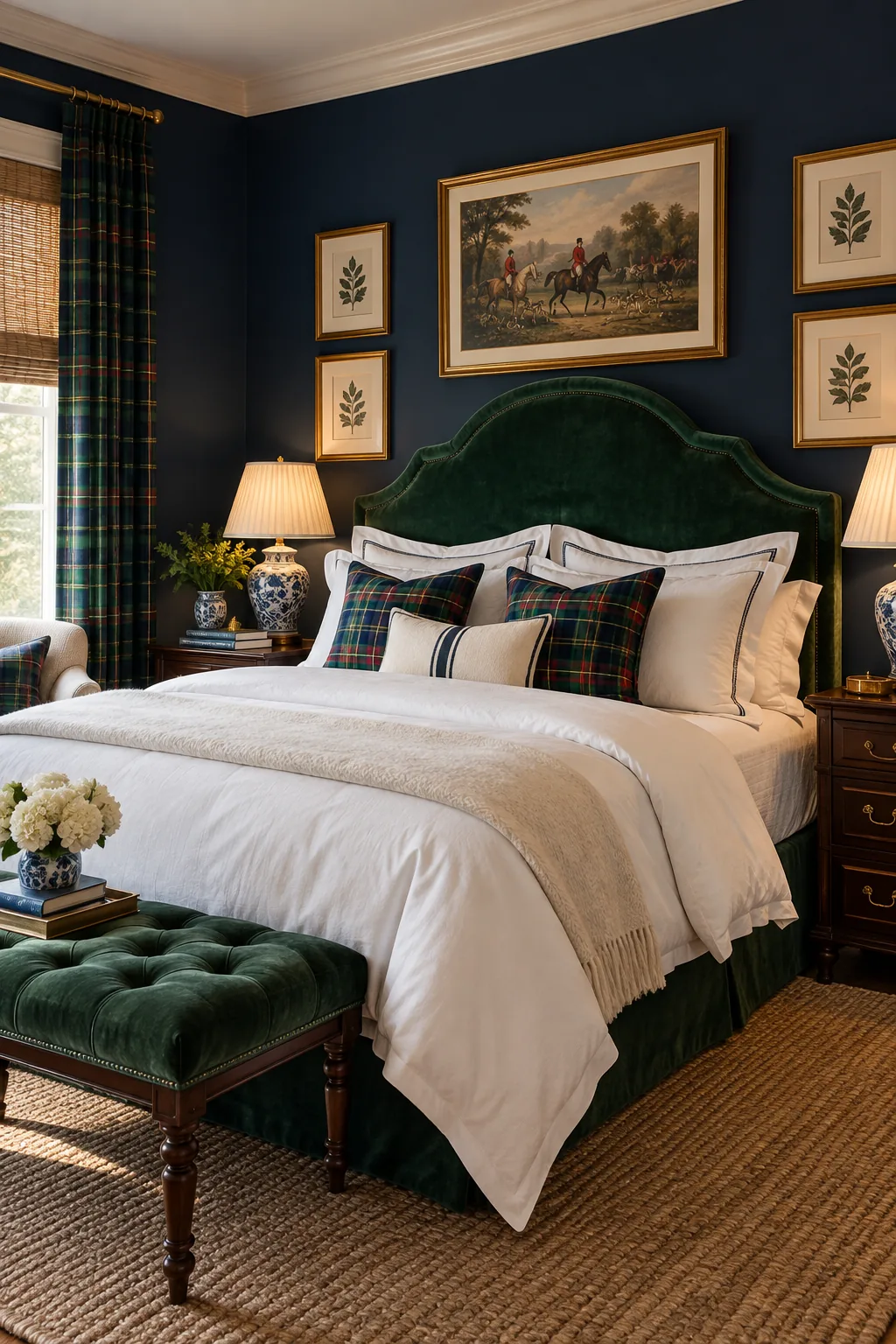 A classic traditional bedroom with dark navy walls, a green velvet headboard, and tartan plaid pillows.