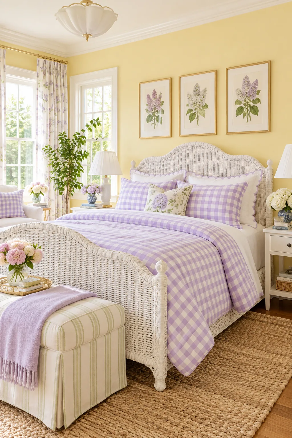 A pastel bedroom with lemon yellow walls, a white wicker bed, and lilac gingham bedding.