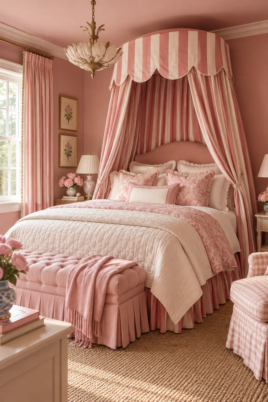 A monochromatic rose pink bedroom with a striped fabric canopy over the bed.