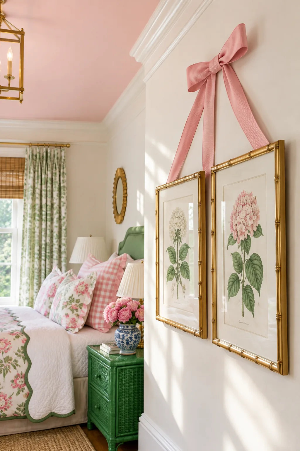 Looking up at a pale blush pink ceiling bordered by crisp white crown molding in a sunlit bedroom.