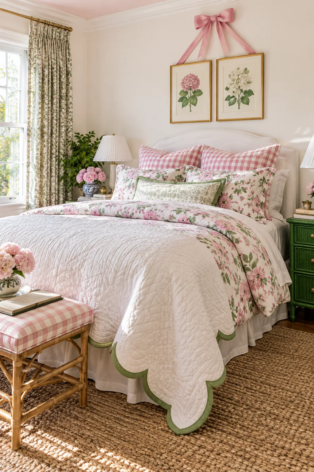 Two brass-framed botanical prints hanging on a white wall from a wide pink grosgrain ribbon tied in a bow.