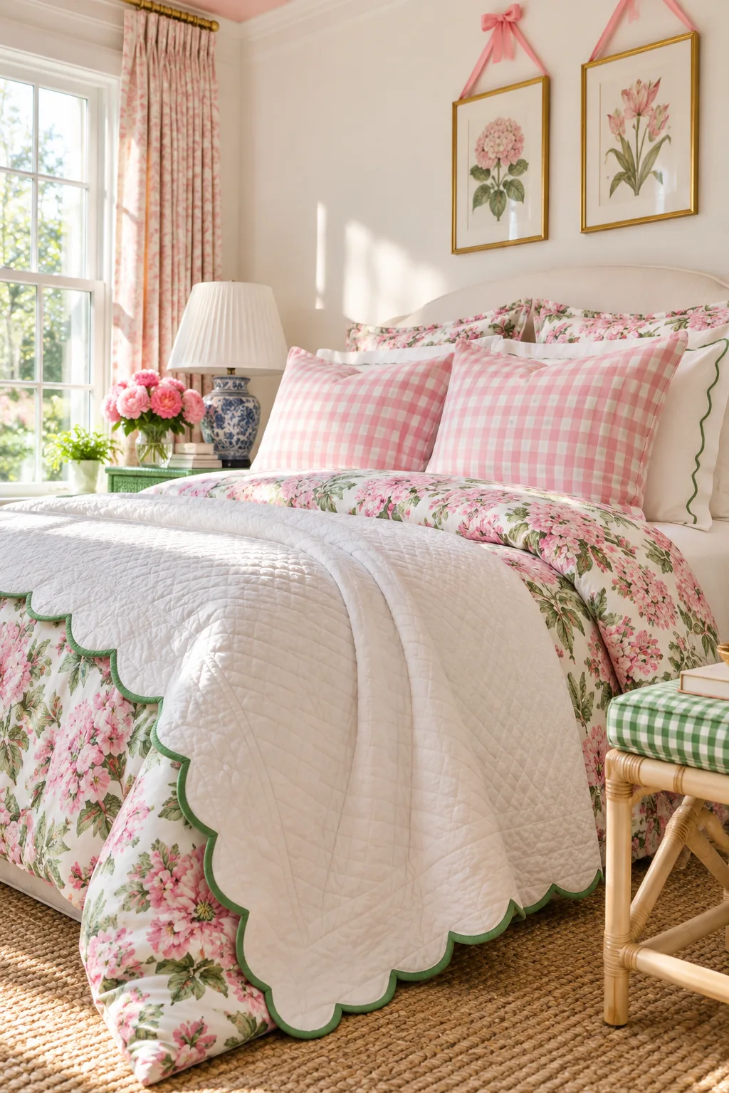 The side of a bed showing an oversized white coverlet with green scalloped edges draping down over a floral duvet near a jute rug.