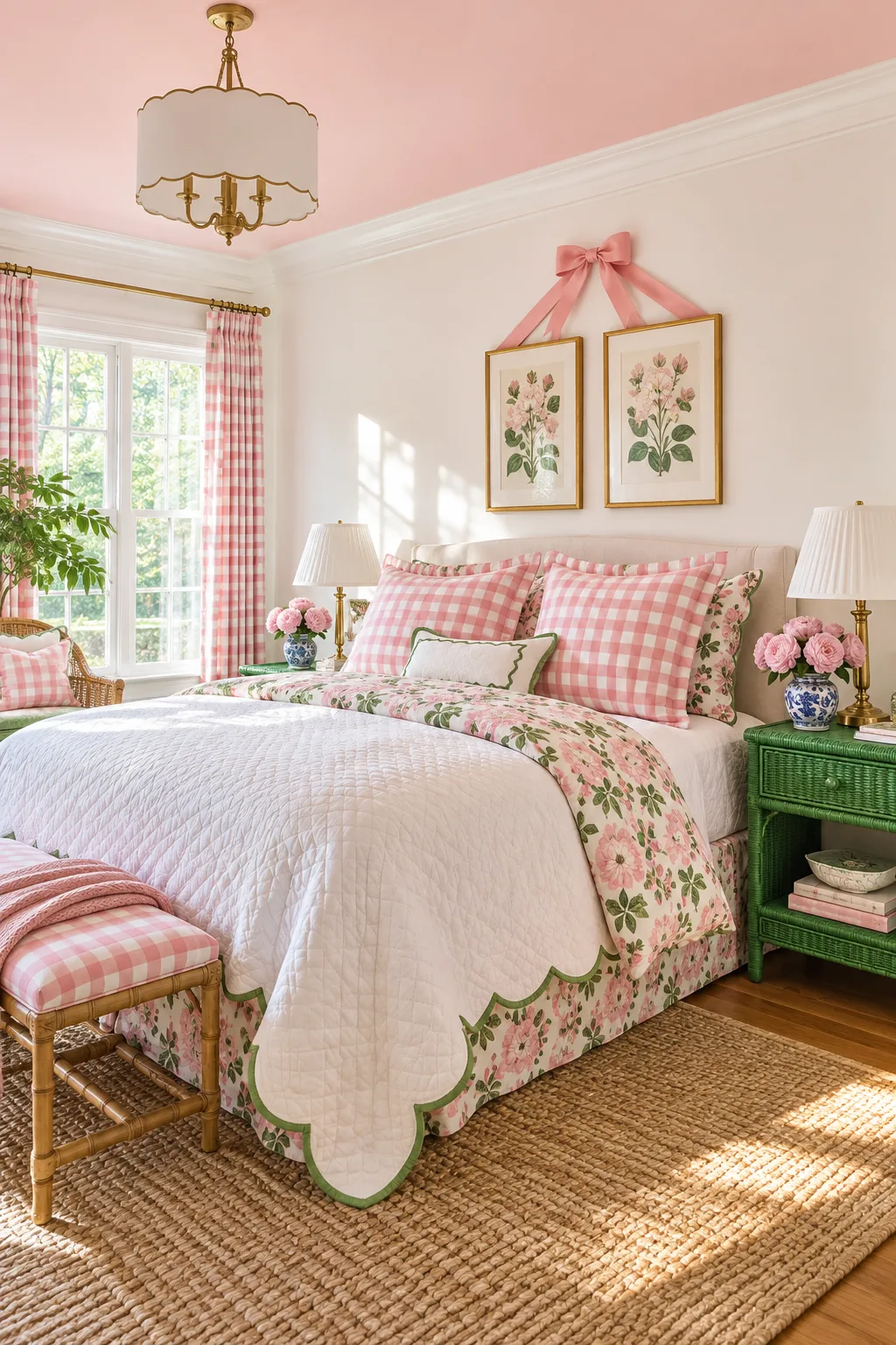Pink and white gingham pillow shams resting against a matching pink and green floral duvet on a made bed.