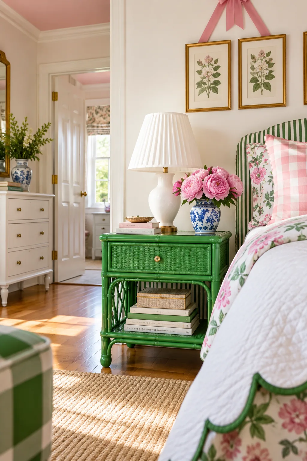 A glossy kelly-green wicker nightstand styled with a pleated lamp and a vase of pink peonies.