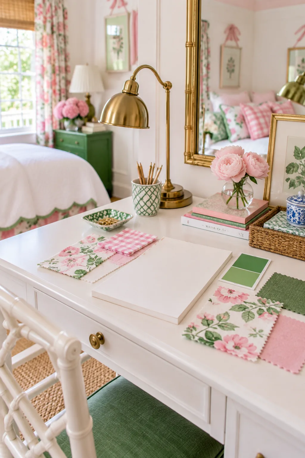 A printed shopping list resting on a white desk alongside pink fabric swatches and a green paint chip.