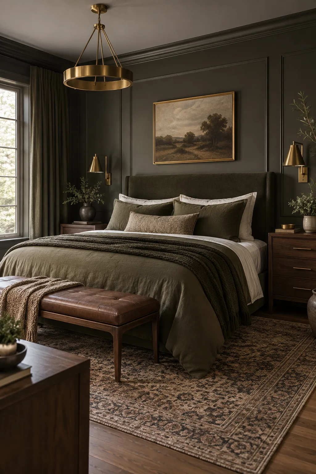 A primary bedroom with dark charcoal walls, walnut nightstands, and olive green bedding.