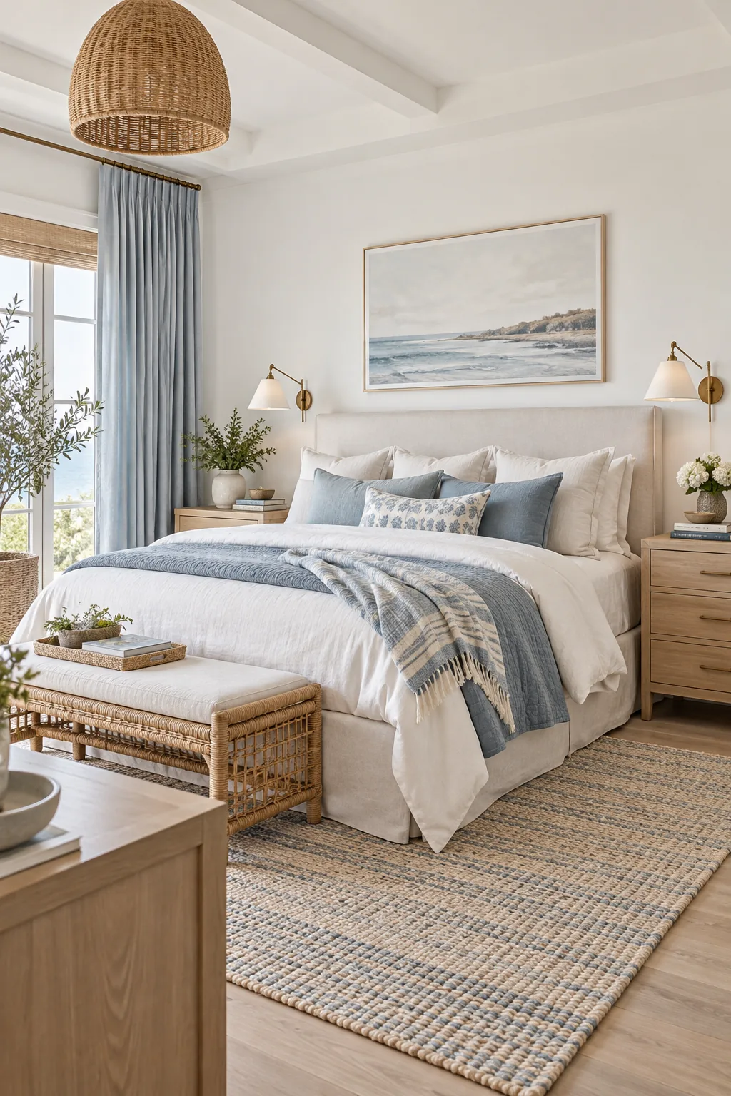 A bright coastal bedroom with a white linen bed and light oak nightstands.