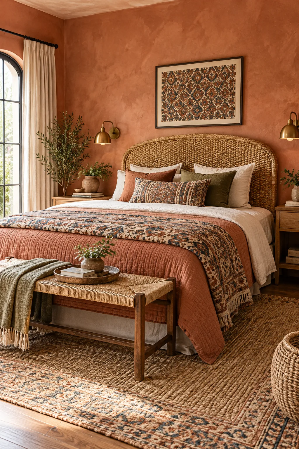 A bohemian bedroom with terracotta walls, a rattan bed, and patterned blankets.