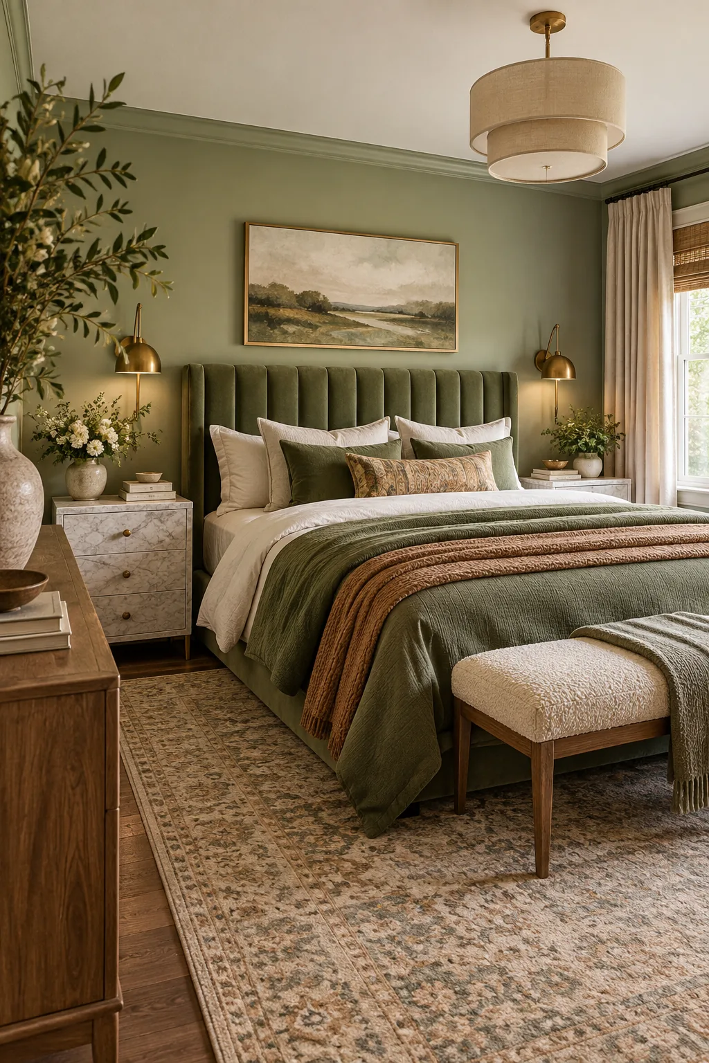 An elegant bedroom with sage green walls, a velvet bed, and marble nightstands.