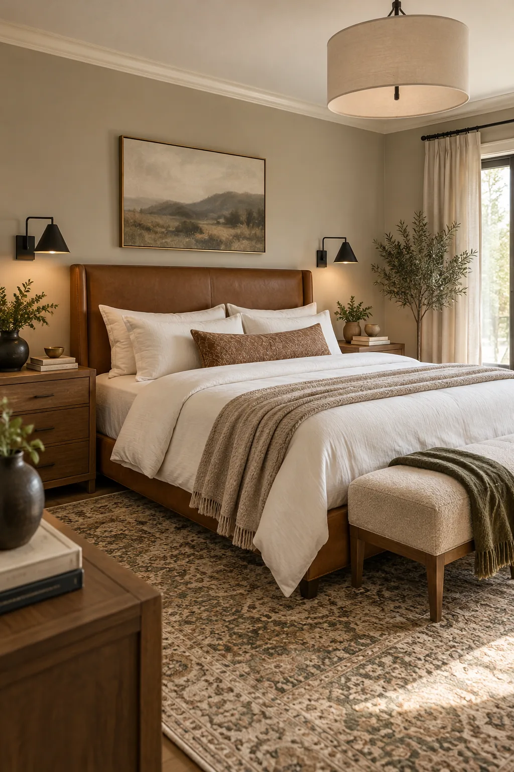 A transitional bedroom with greige walls, a leather headboard, and black sconces.