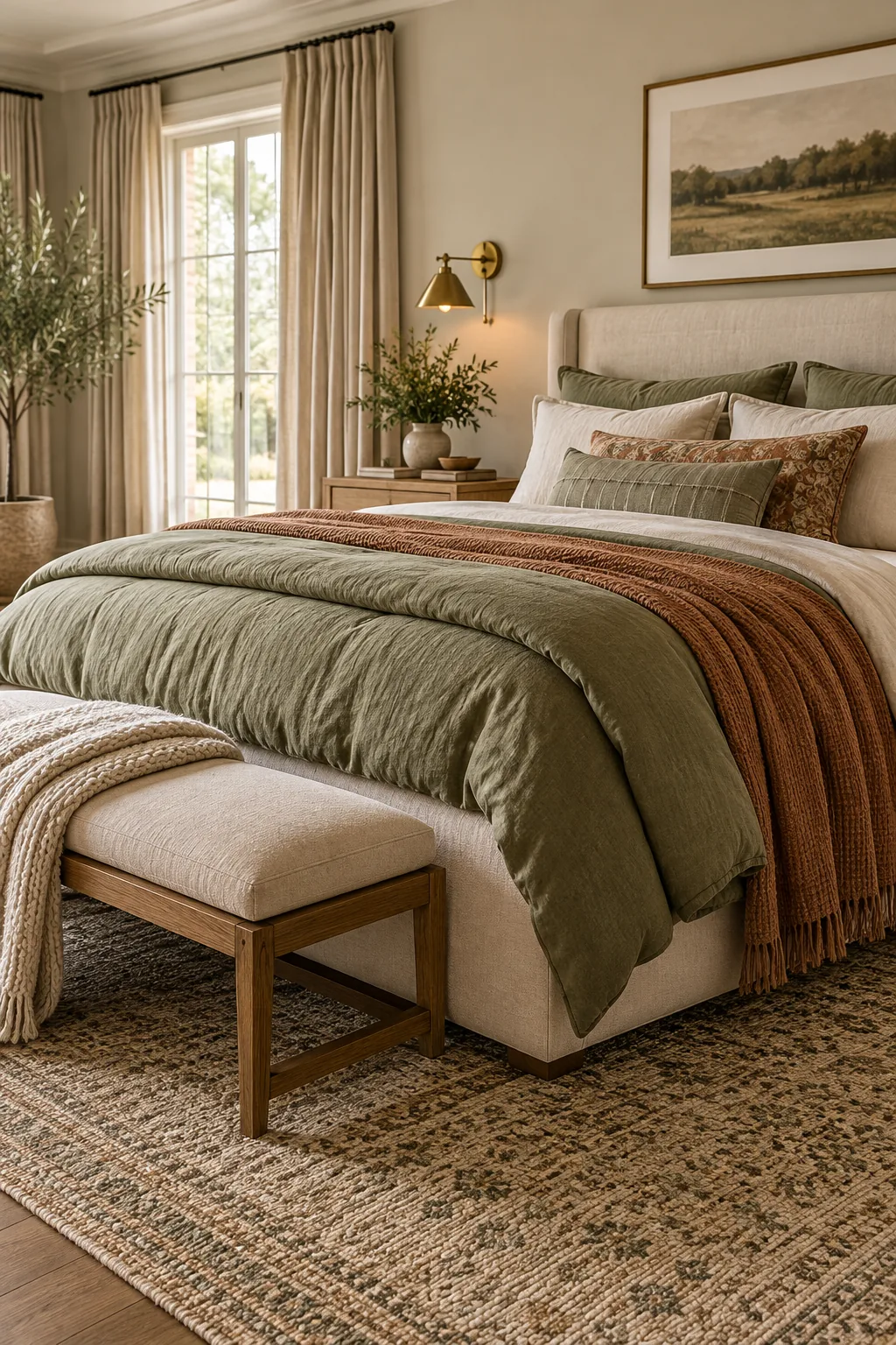 A brass wall sconce mounted above a wooden nightstand next to an upholstered bed.