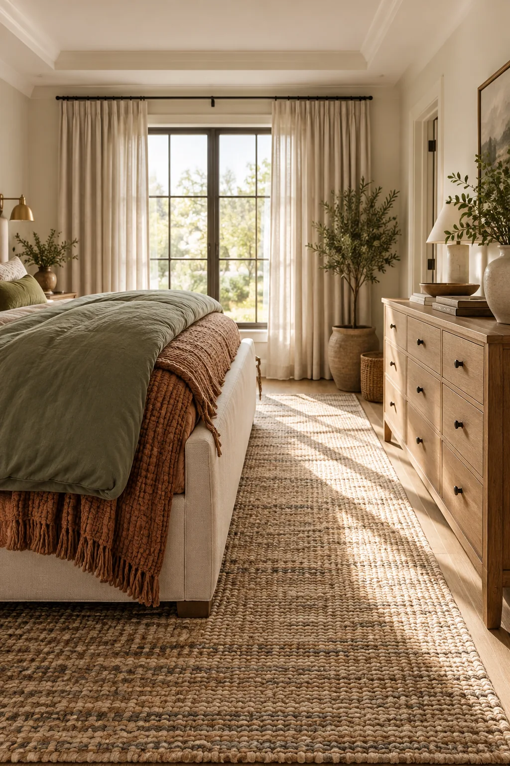 An elevated view of a thick, folded sage green duvet layered at the foot of a bed.