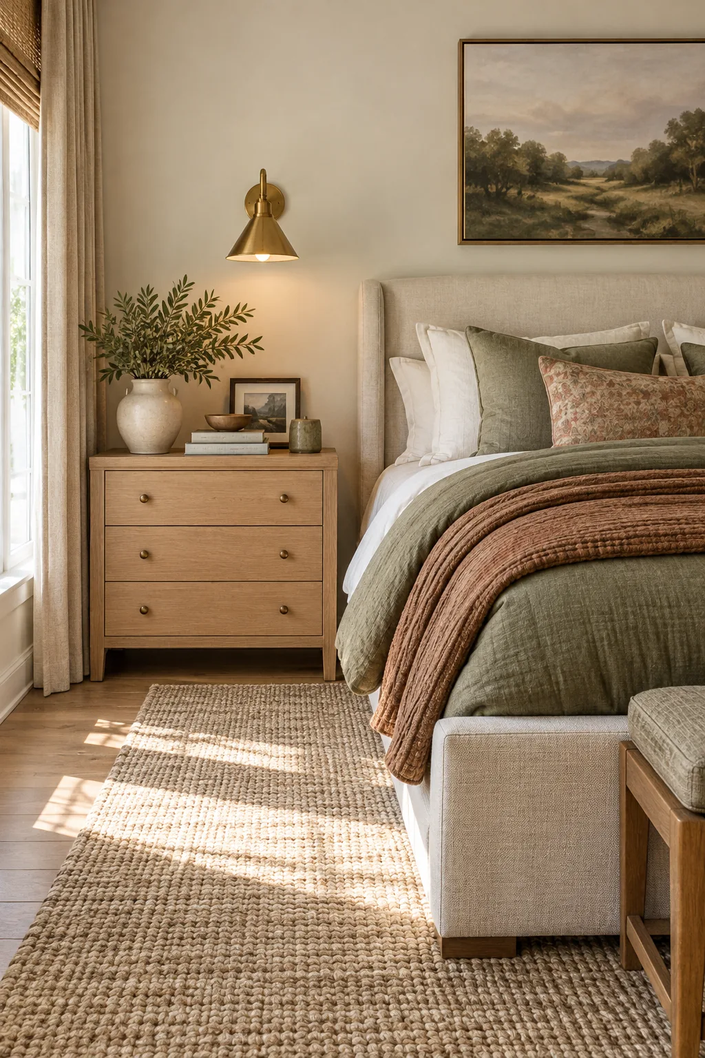 A clear, spacious walkway between the foot of a bed and a wooden dresser in a bright bedroom.