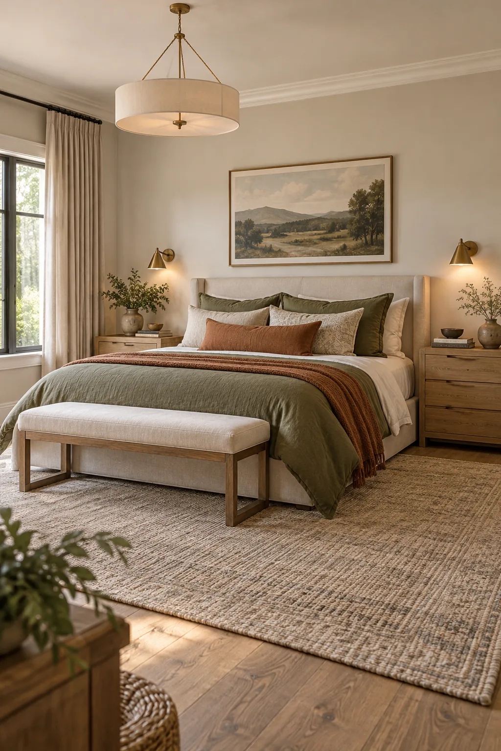 A wide wooden nightstand perfectly scaled next to a large, styled king-size bed.