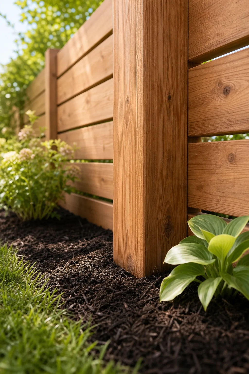 Sturdy cedar fence post base emerging from dark garden mulch next to a green plant.