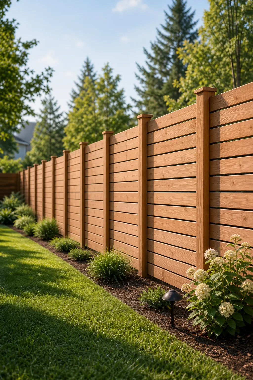 Long horizontal cedar fence showing evenly spaced vertical wooden posts.