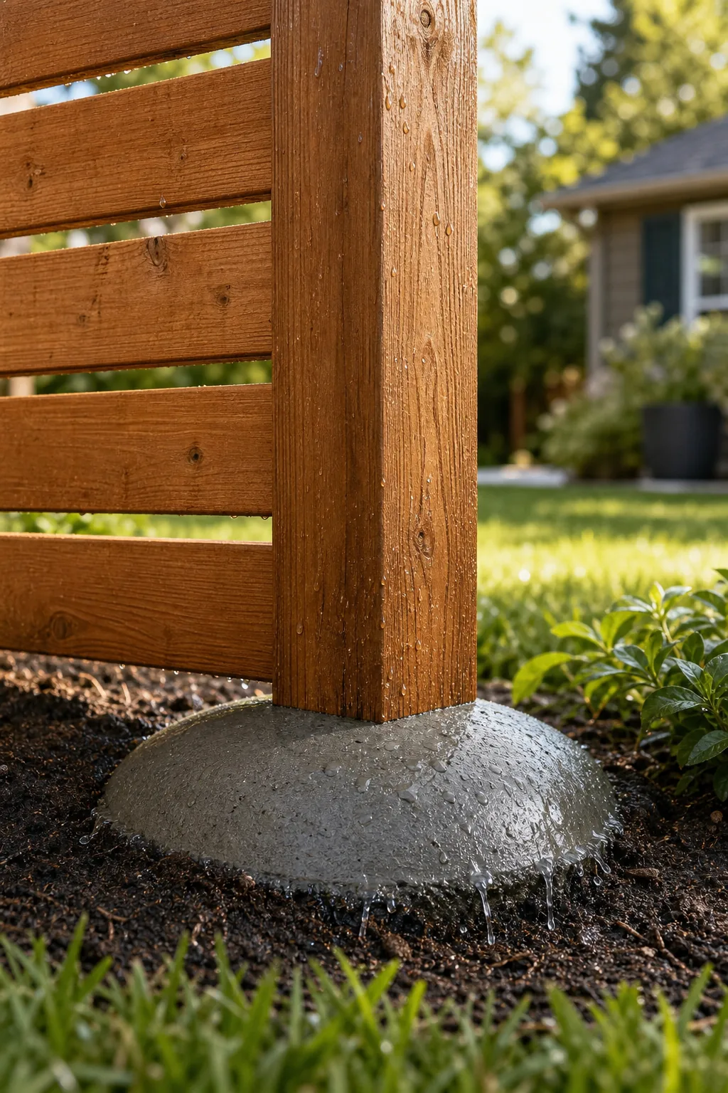 Cedar post base set in a slightly rounded concrete footing above the soil line.