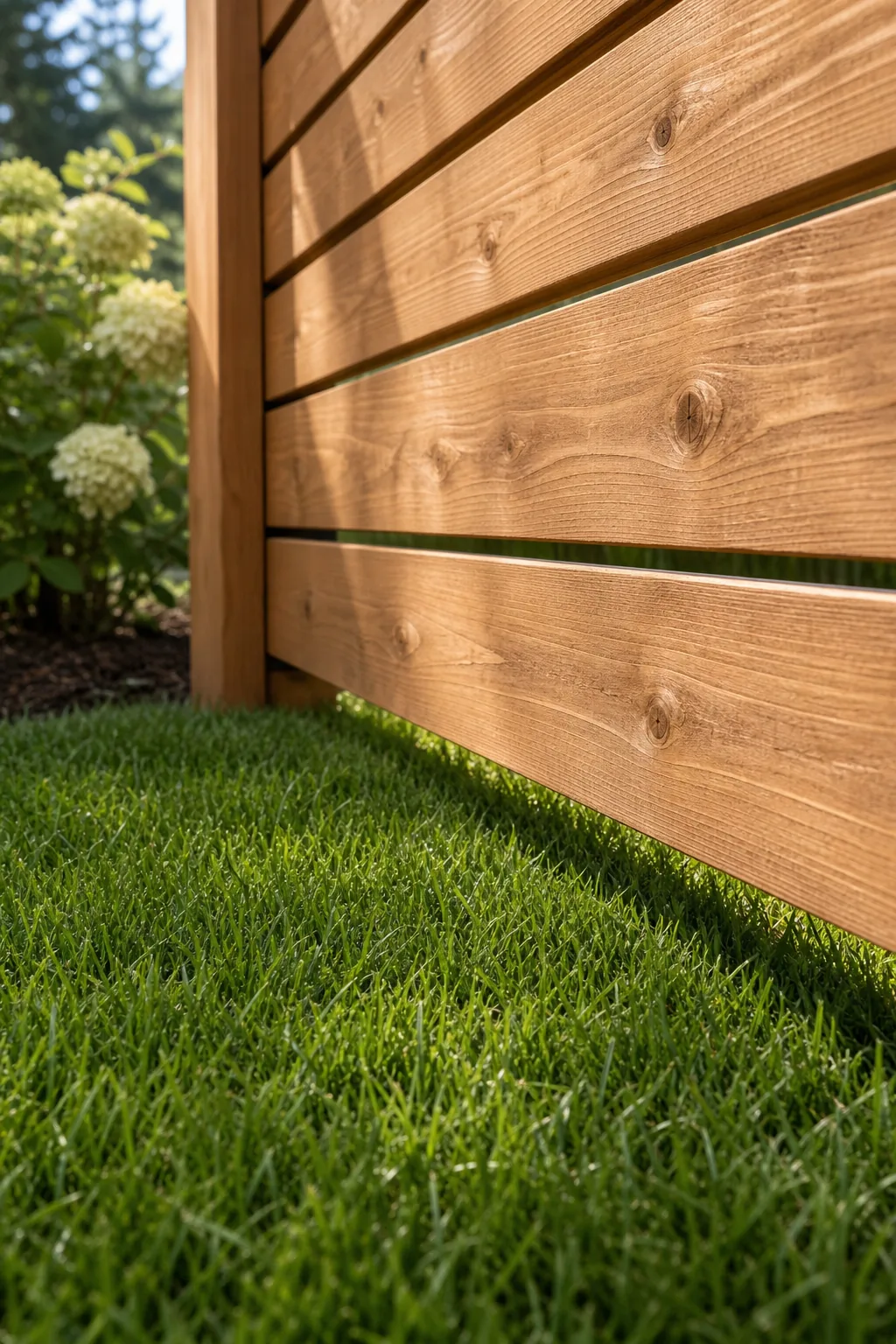 Two-inch gap between the lowest horizontal cedar board and a manicured green lawn.