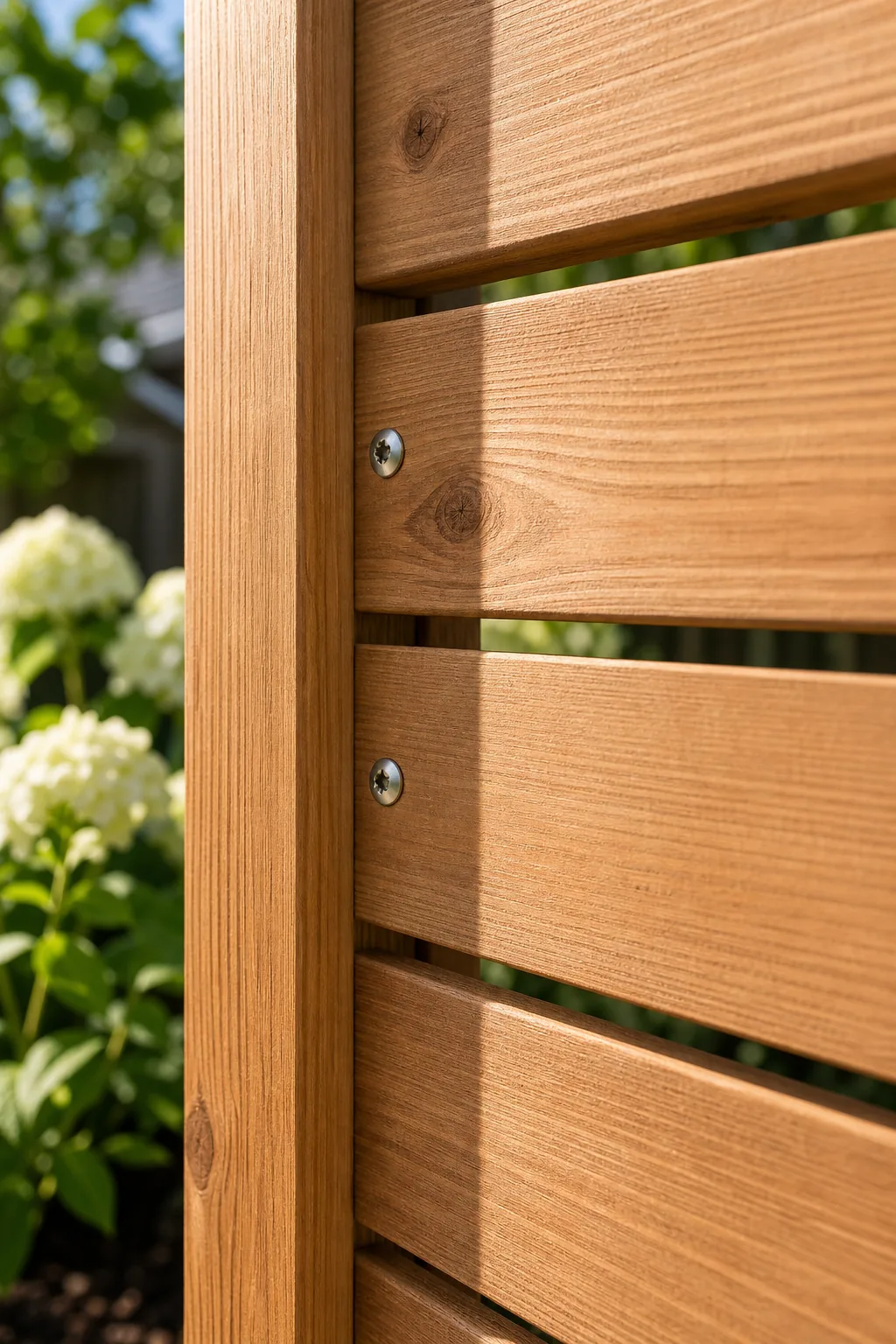 Horizontal cedar fence boards separated by a narrow quarter-inch gap.