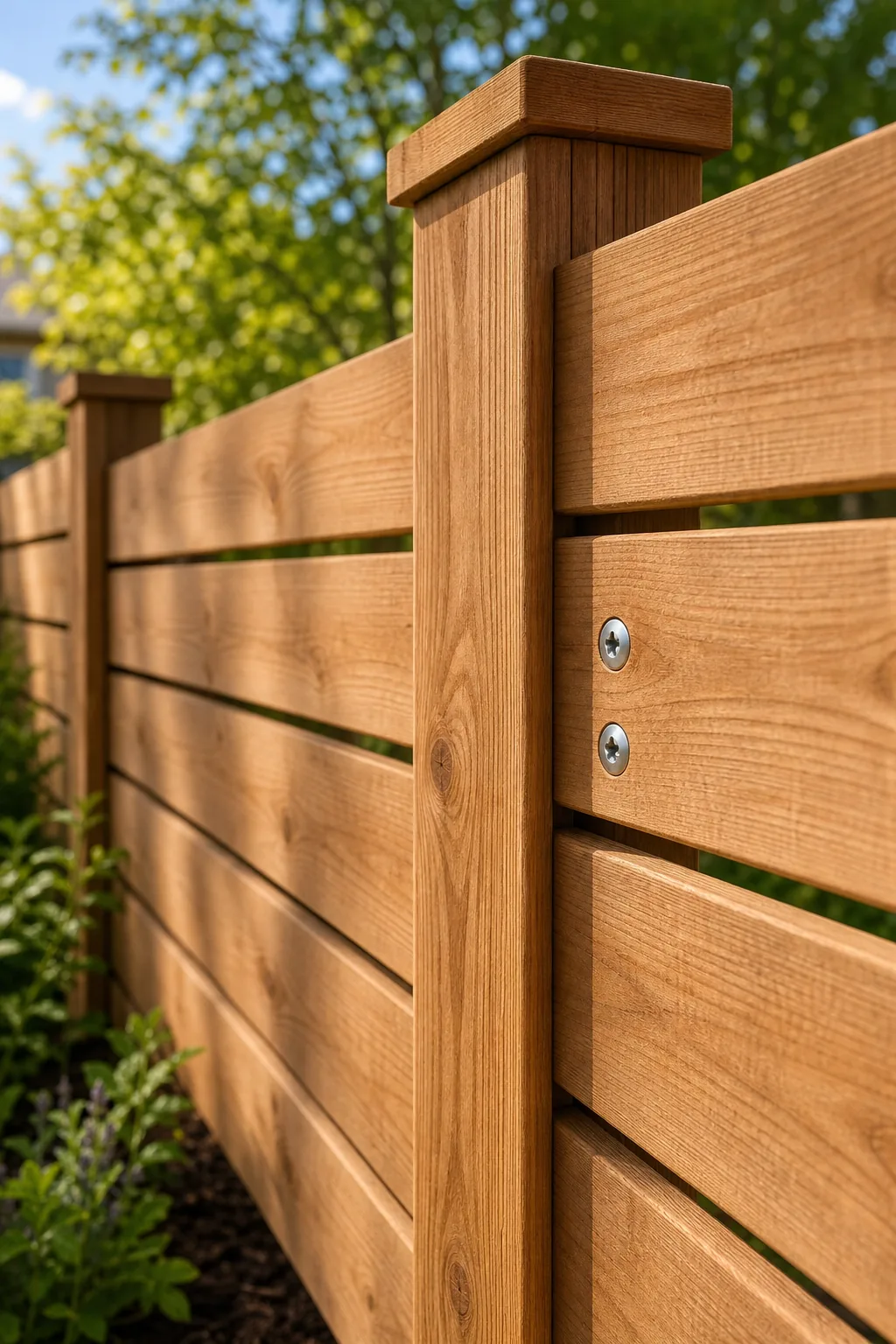 Two flush stainless steel screw heads securing a cedar board to a vertical post.