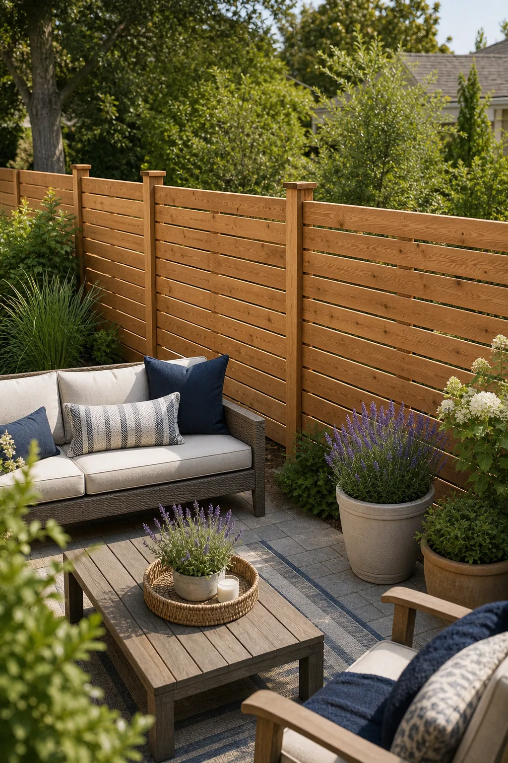 Horizontal fence boards with their ends meeting on alternating vertical posts.