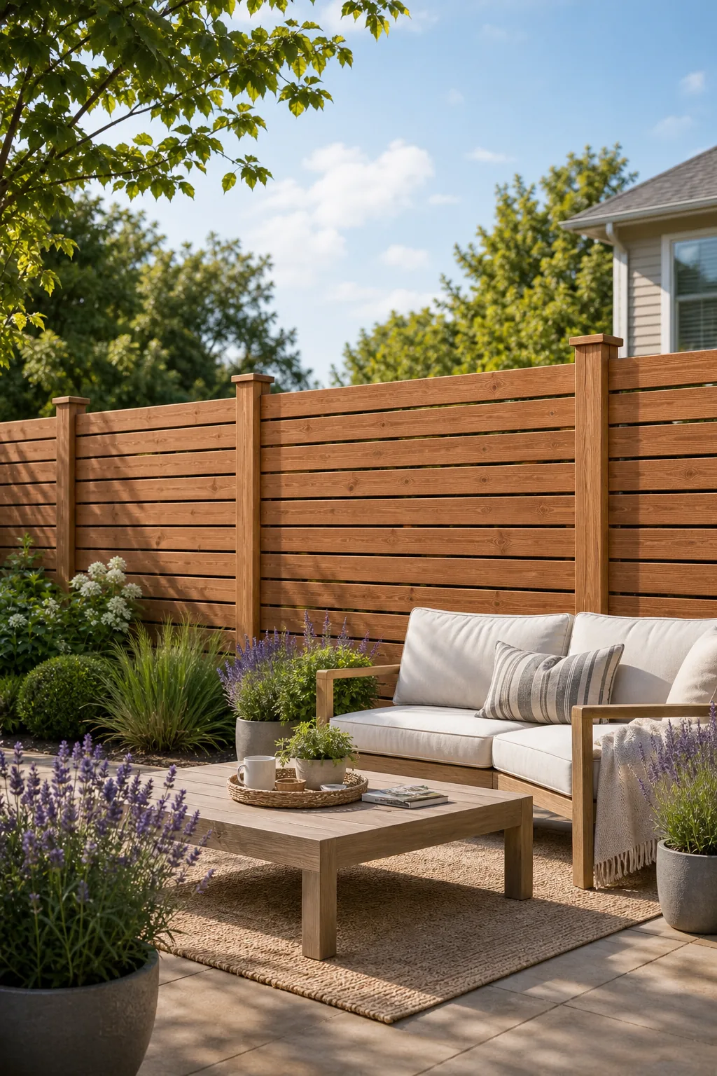 Modern horizontal cedar privacy fence enclosing a landscaped backyard patio with seating.