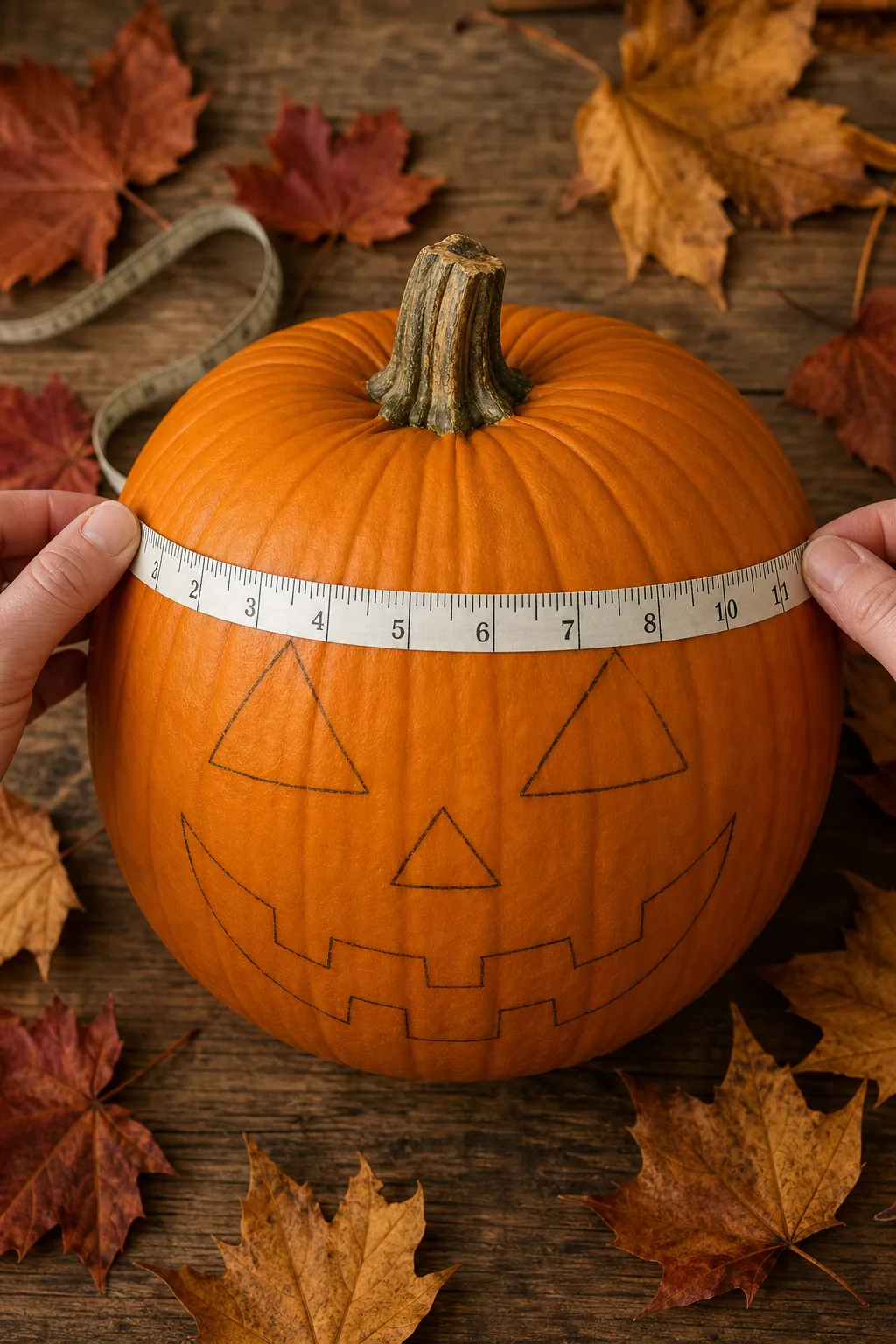 A flexible measuring tape wrapped around the top third of a fresh orange pumpkin to mark eye placement.