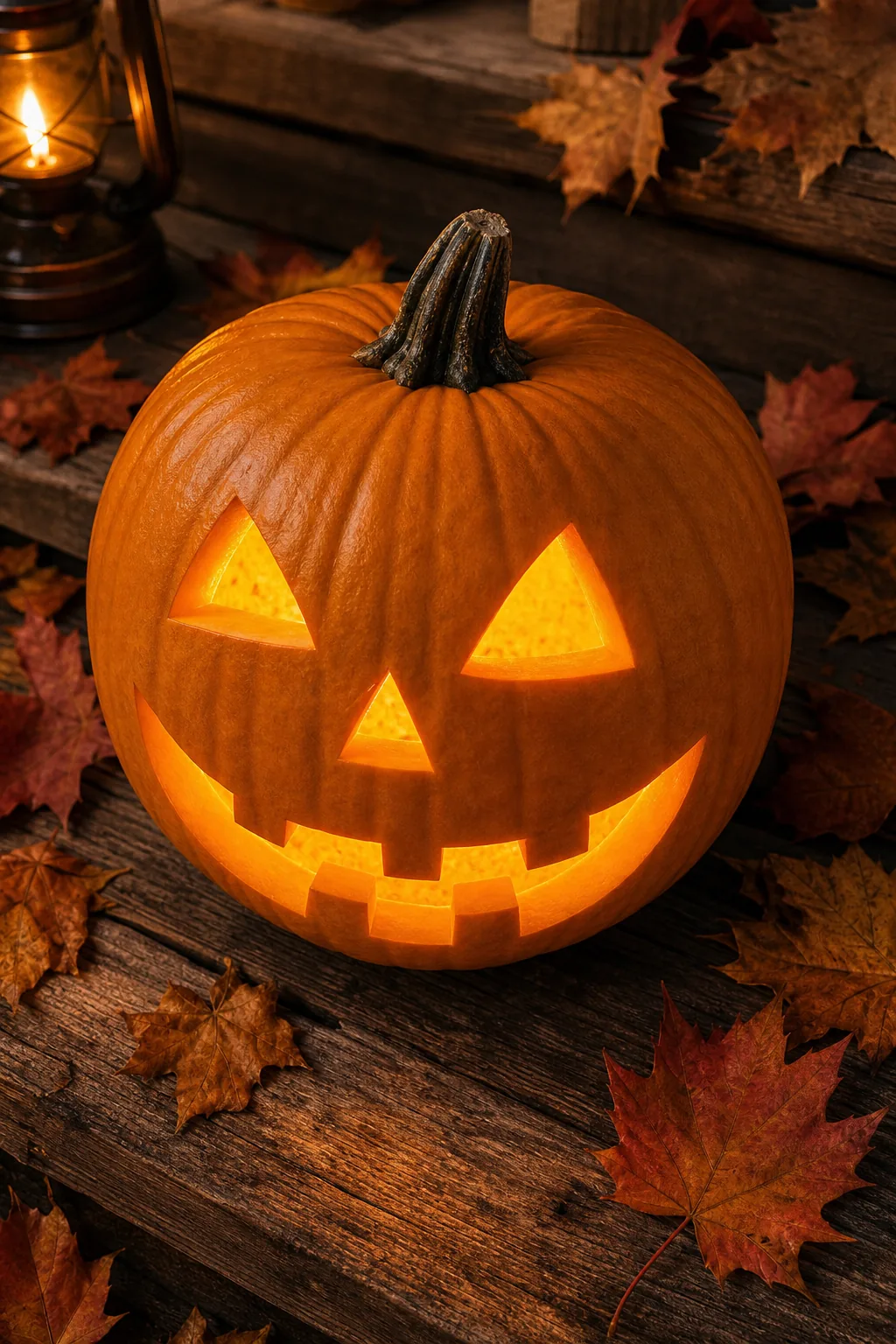 Close-up of a carved pumpkin highlighting the thick, solid flesh remaining between the triangle eyes and the nose.