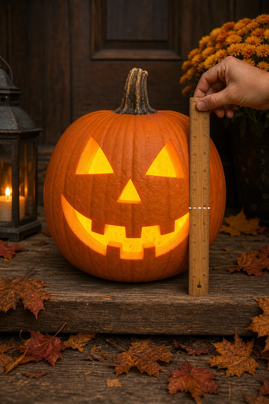 A wooden ruler held vertically against a carved pumpkin, showing the alignment between the mouth corner and the center of the eye.