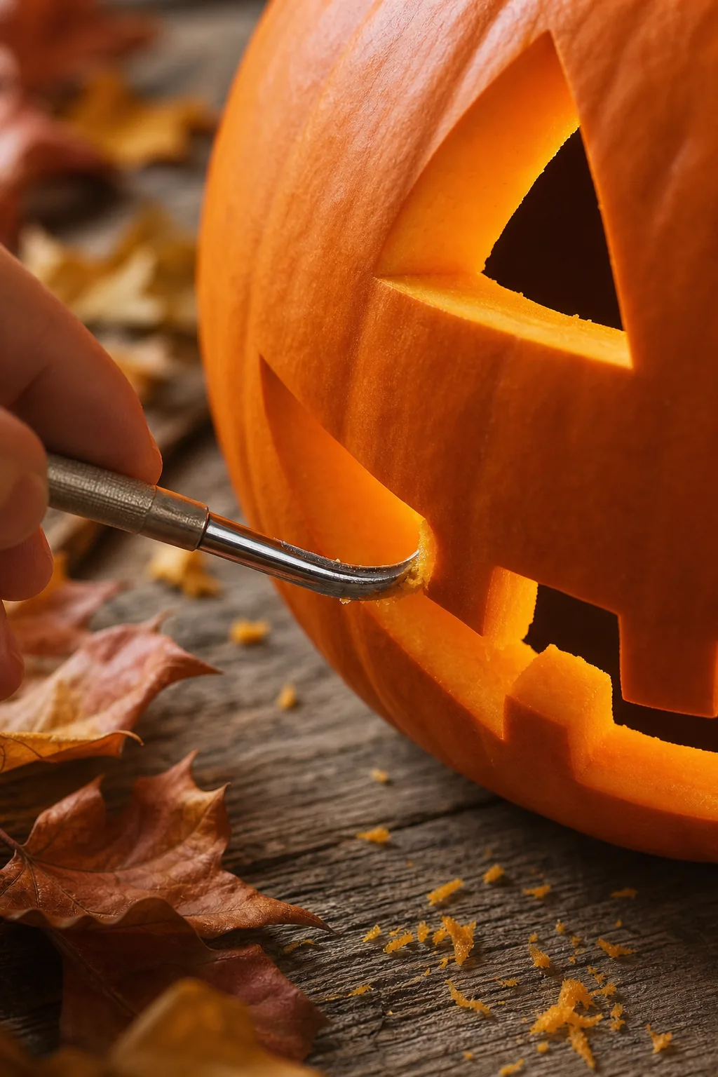 A close-up of a carving tool rounding off the sharp inner corner of a carved tooth on a pumpkin.