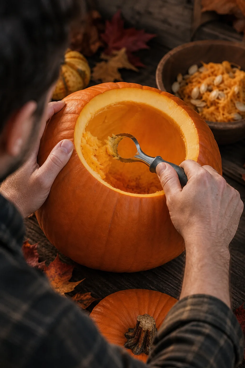 A low-angle view of a glowing jack-o'-lantern on porch steps, showing a thick uncarved base at the bottom.