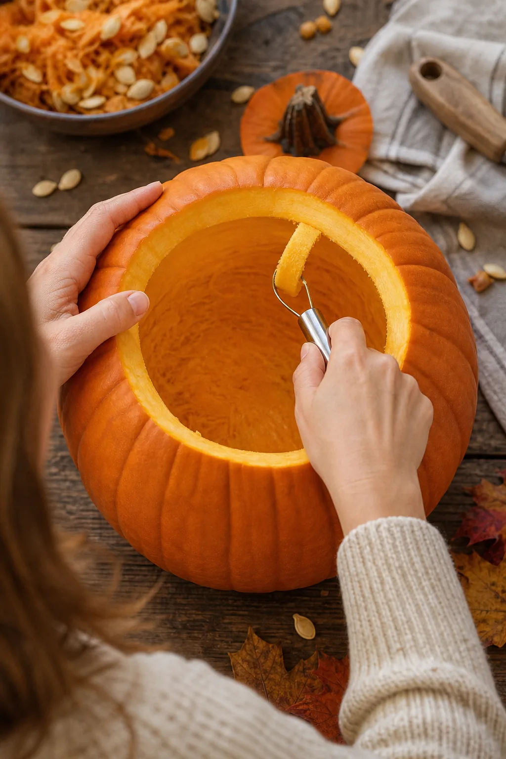Looking inside a pumpkin as a metal tool scrapes the front wall to an even one-inch thickness.