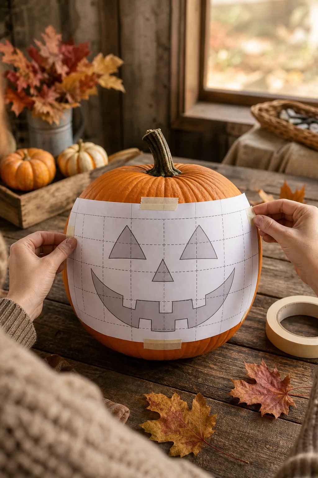 Hands taping a printed paper grid guide onto the front of an uncarved orange pumpkin.