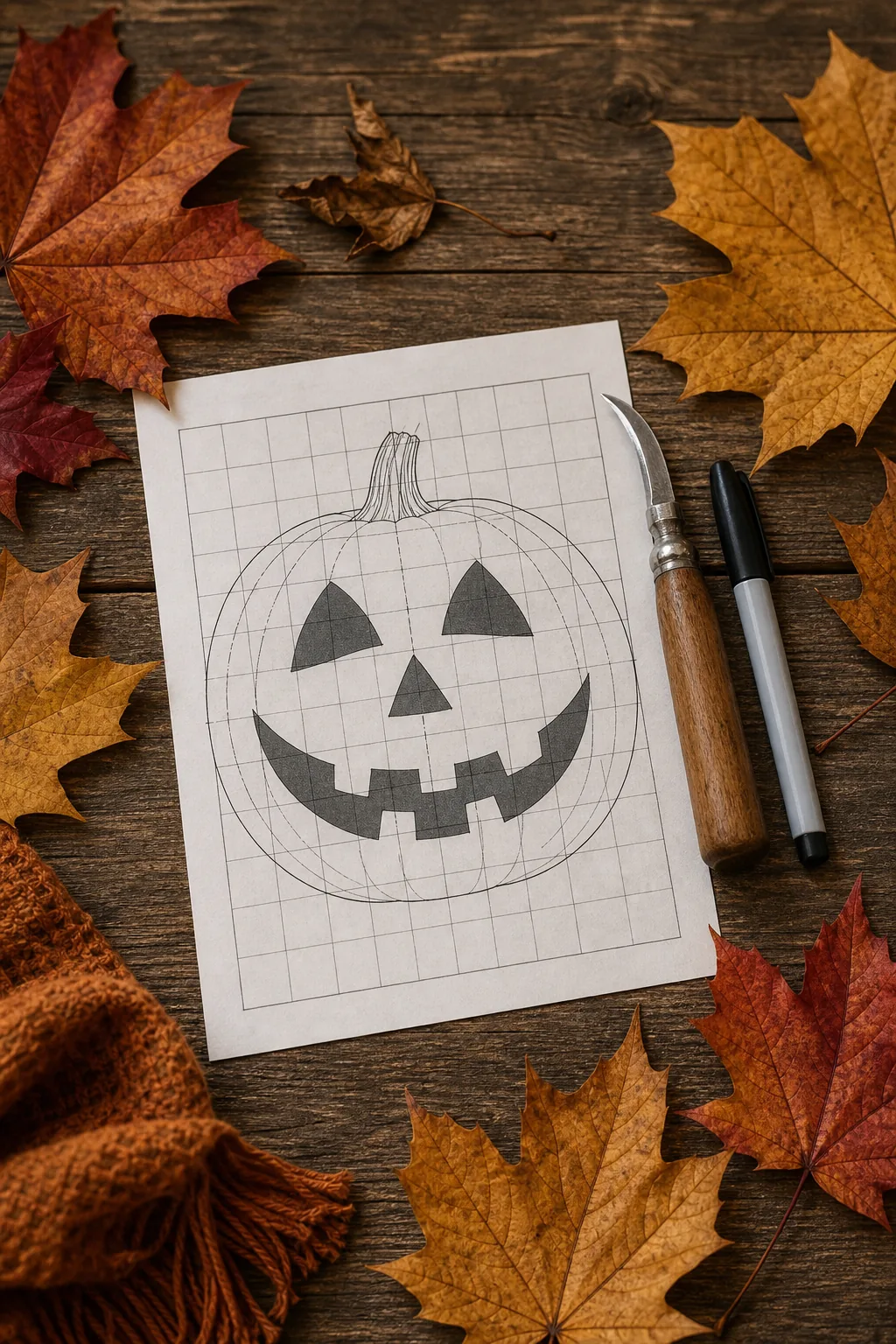 An overhead view of a printed pumpkin carving grid guide, a knife, and a marker on a wooden table.
