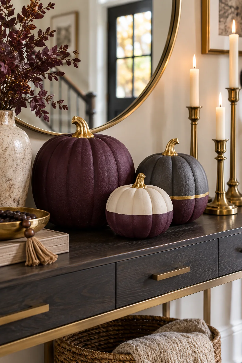 Three painted pumpkins in dark plum and charcoal gray on an entryway table.