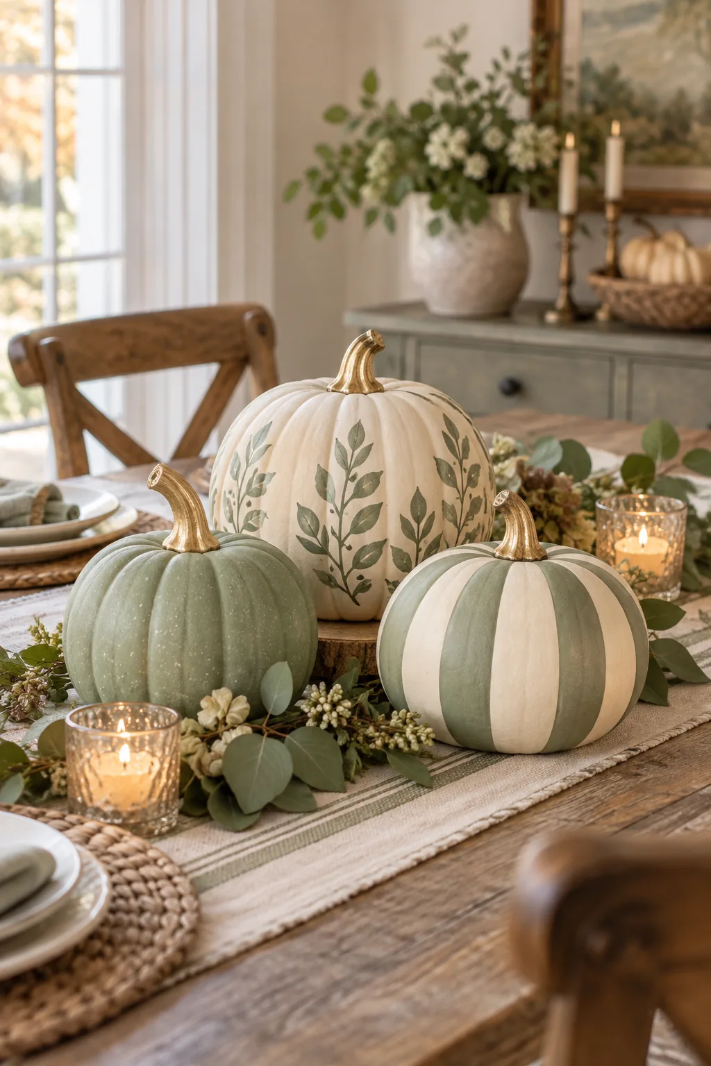 Three painted pumpkins in sage green and cream on a wooden dining table.