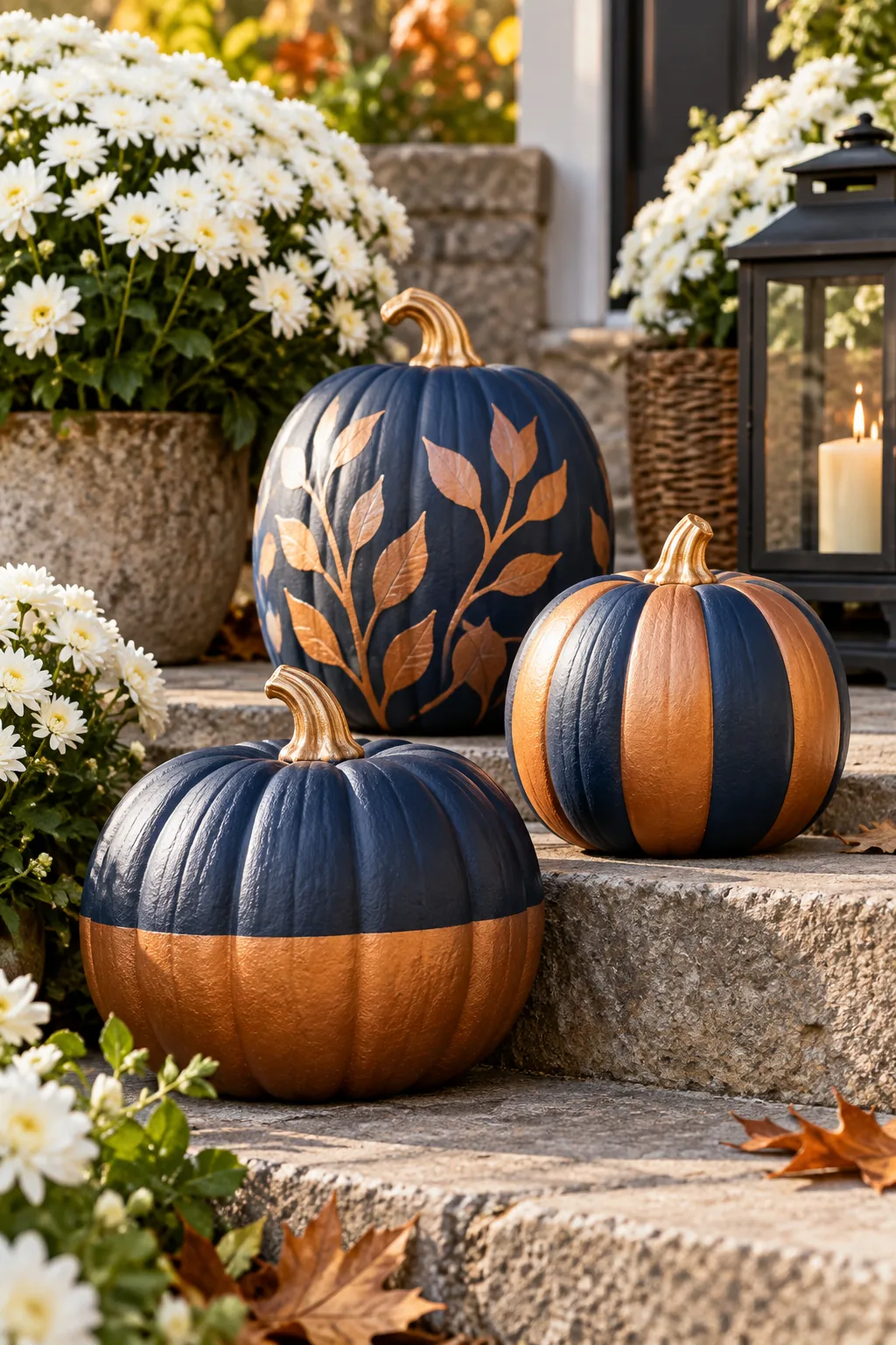 Three painted pumpkins in navy blue and copper sitting on a stone step.
