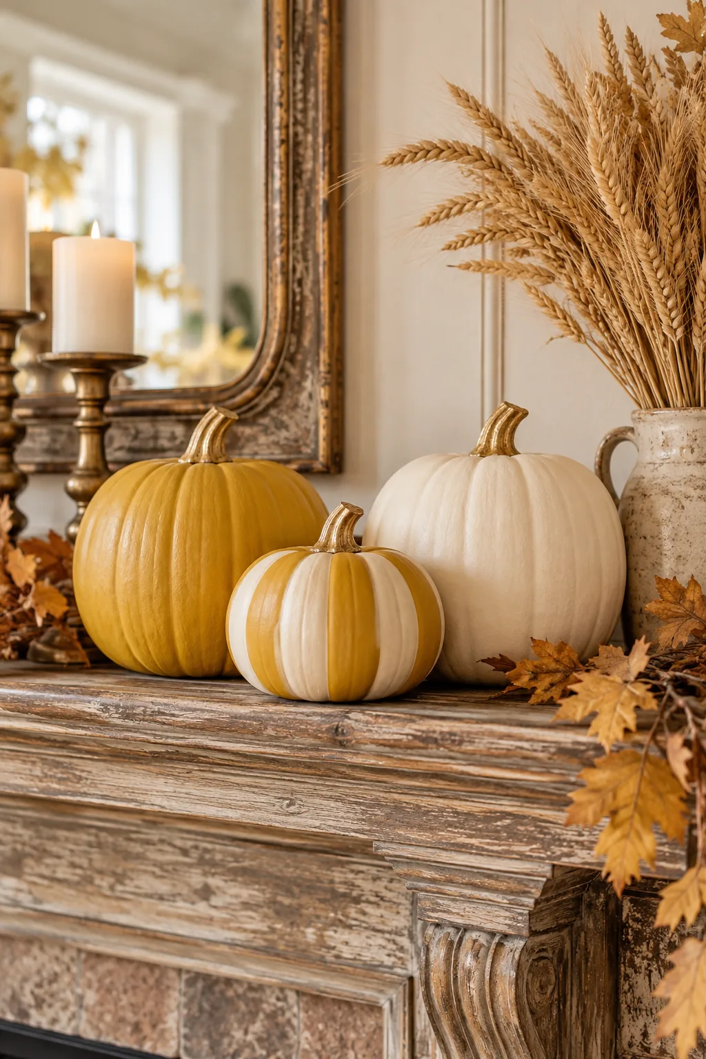 Three painted pumpkins in mustard yellow and ivory on a wooden mantel.