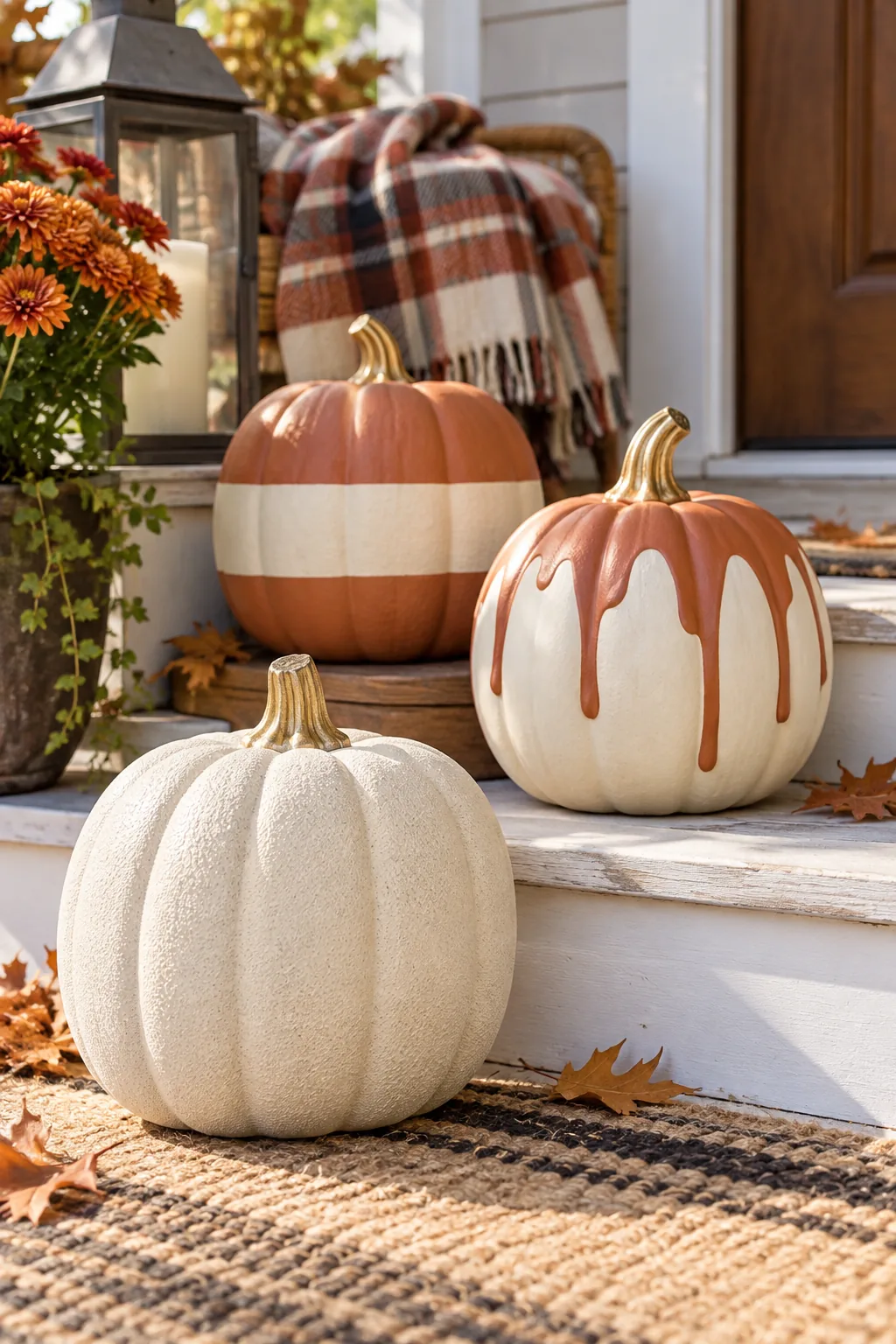 Close-up of a perfectly smooth, cream-painted pumpkin surface resting near a plaid blanket.