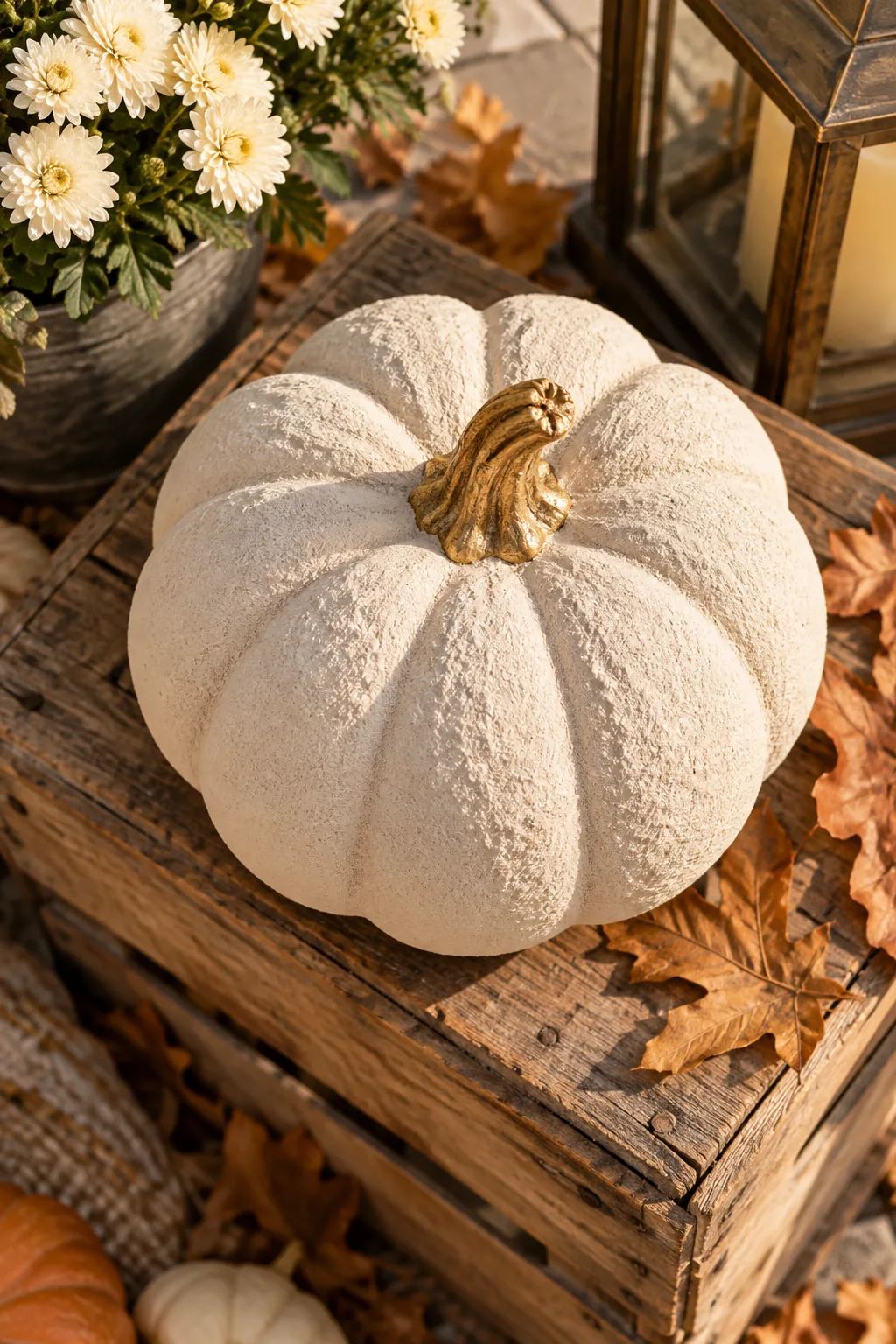 Macro view of a cream pumpkin with a gritty, matte stoneware texture.