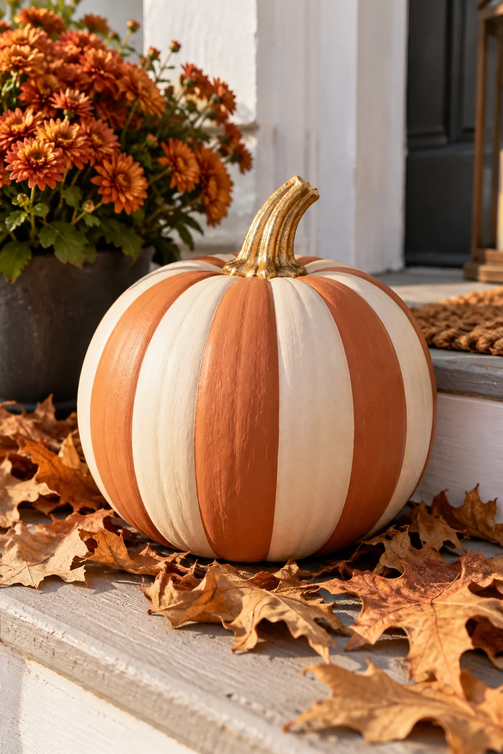 A striped terracotta and cream pumpkin showing perfectly straight painted lines.