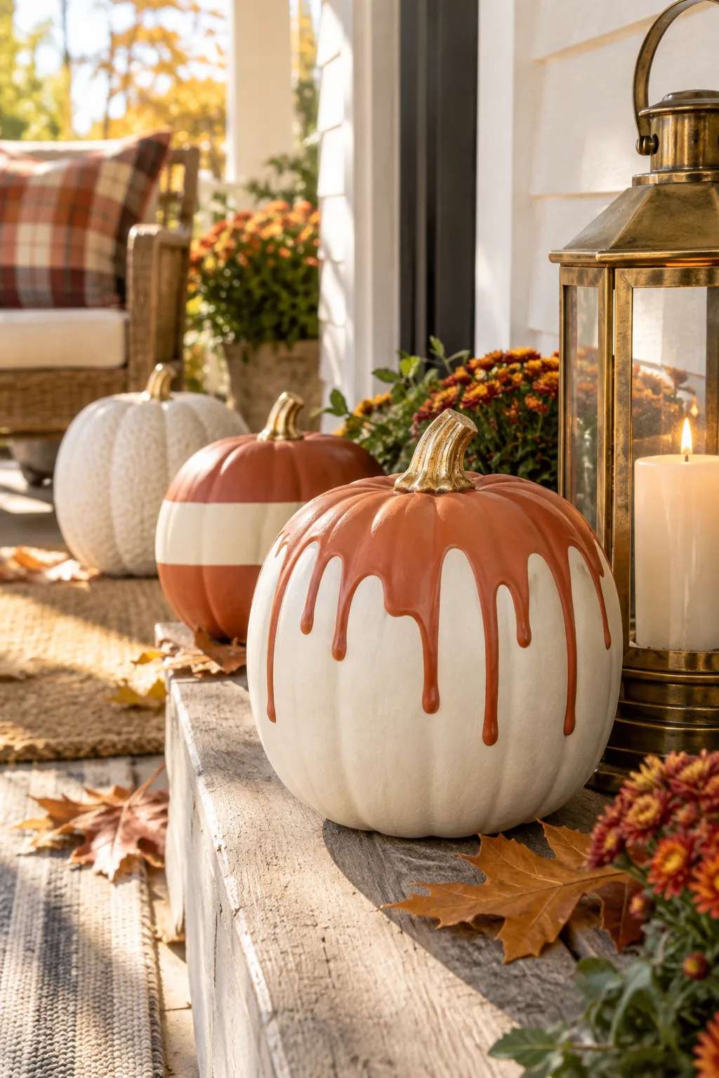 A cream pumpkin with thick terracotta paint dripping down from the stem.