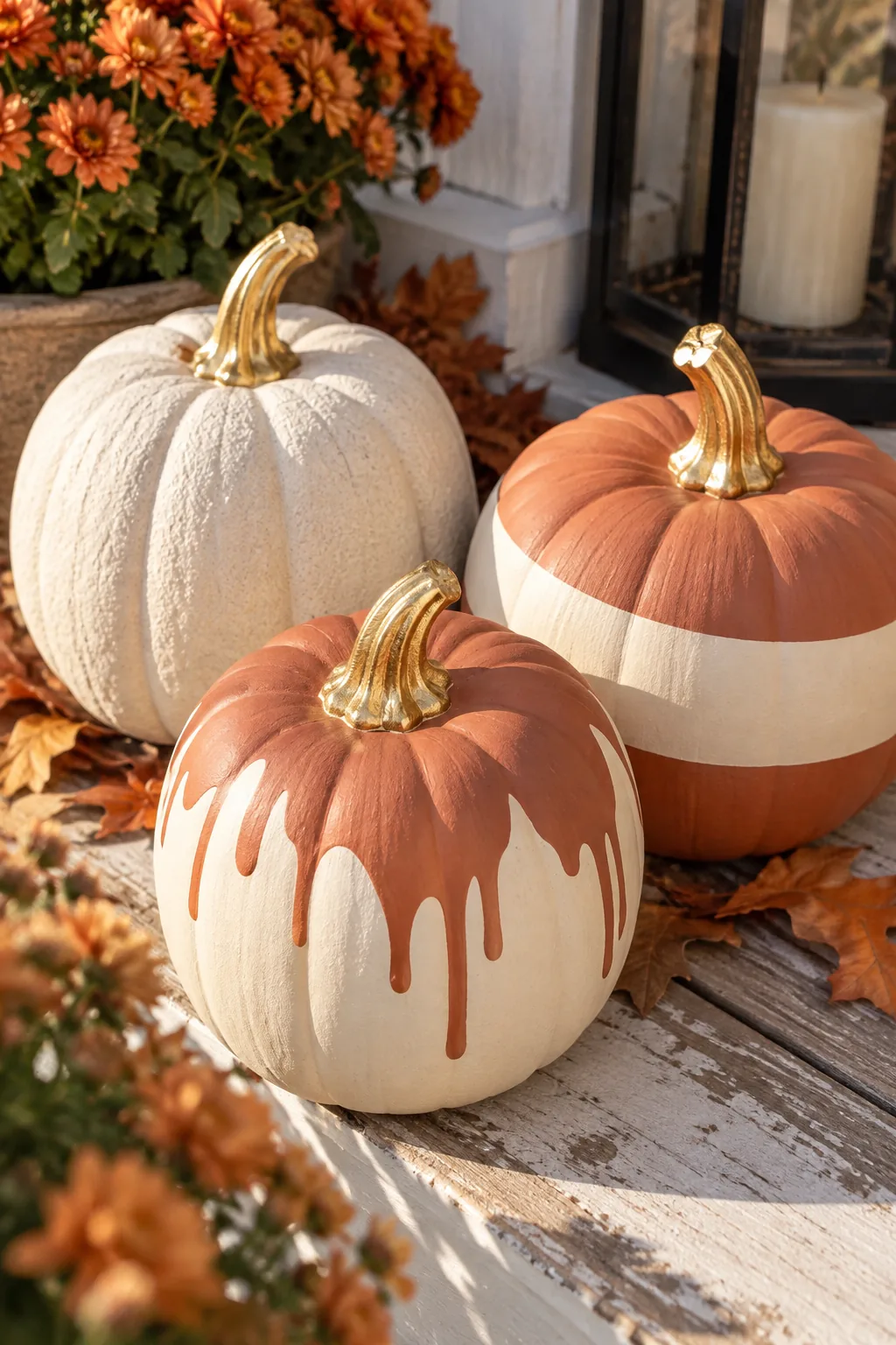 Top-down view of three painted pumpkins featuring bright metallic gold stems.